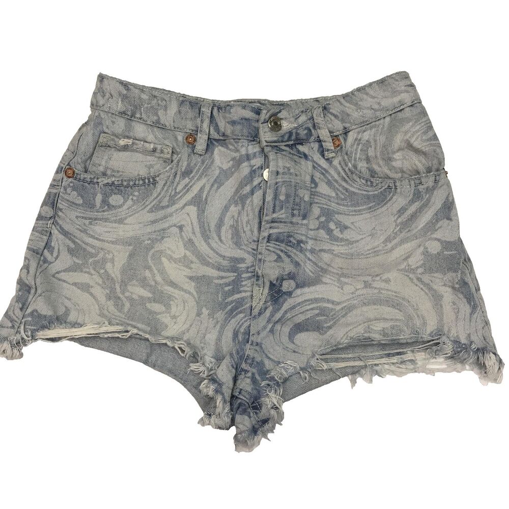 Zara Denim Shorts Womens 6 Blue Swirl Print Distressed Raw Hem Cutoff Button Fly